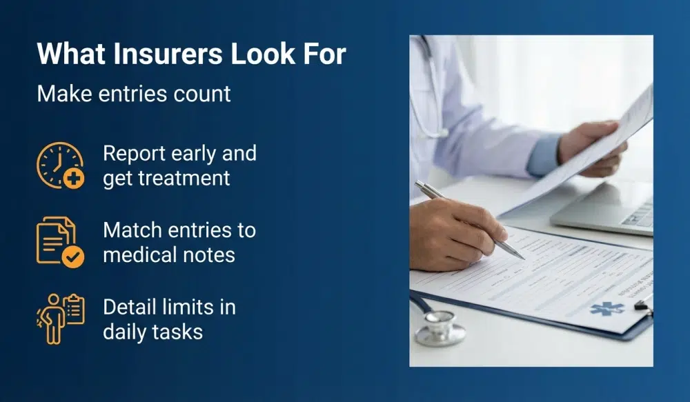 What Insurers Look For: Make entries count — Report early and get treatment; Match entries to medical notes; Detail limits in daily tasks