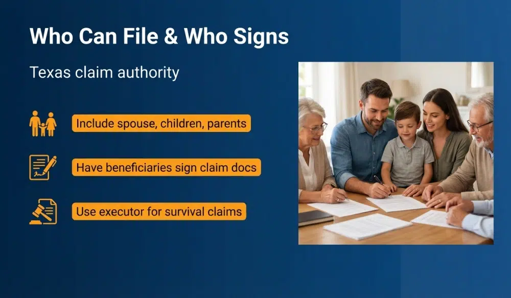 Who Can File & Who Signs — Texas claim authority infographic
