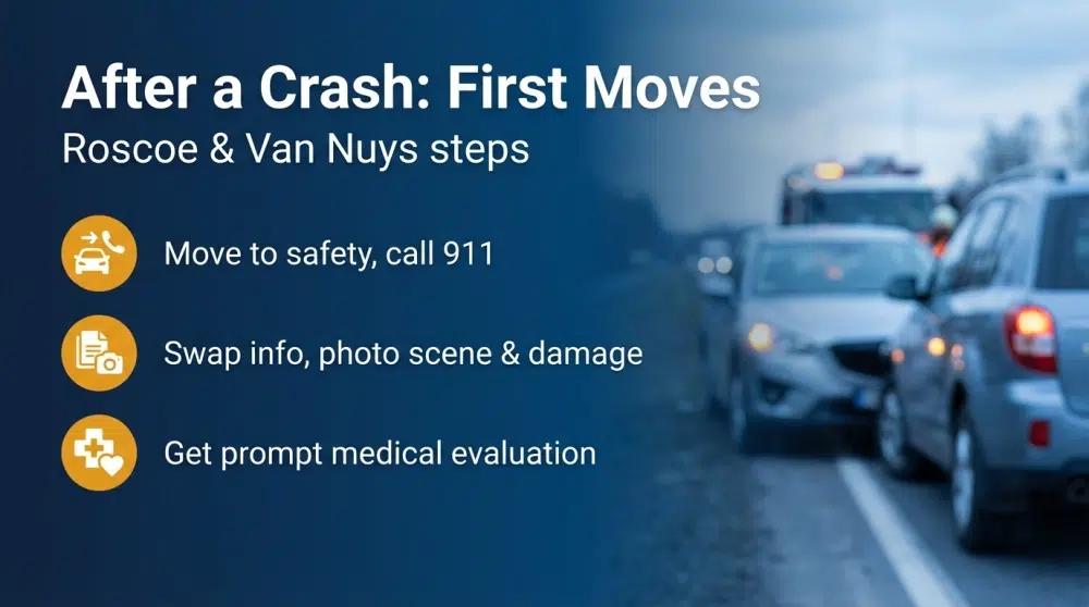 After a Crash: First Moves - Roscoe & Van Nuys steps infographic