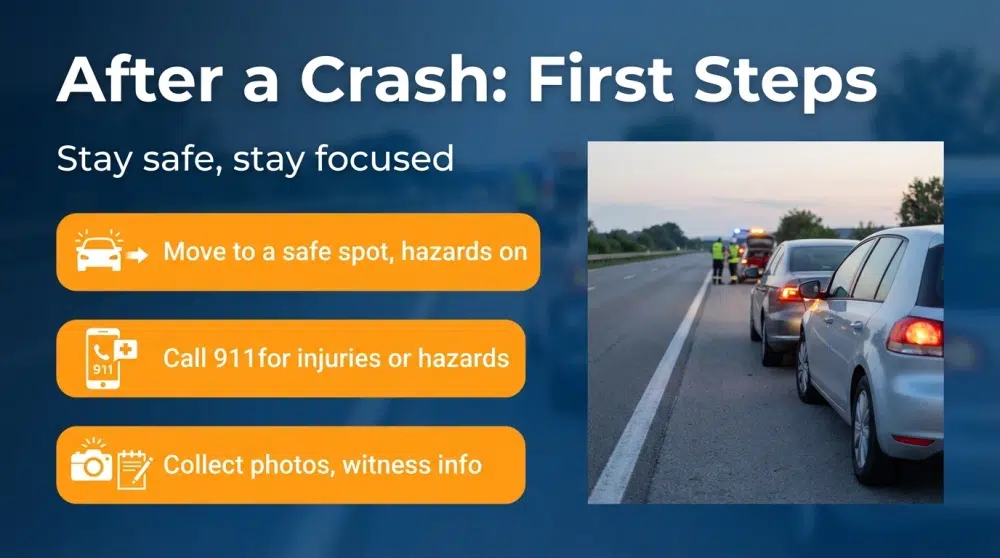After a Crash: First Steps infographic — Stay safe, stay focused