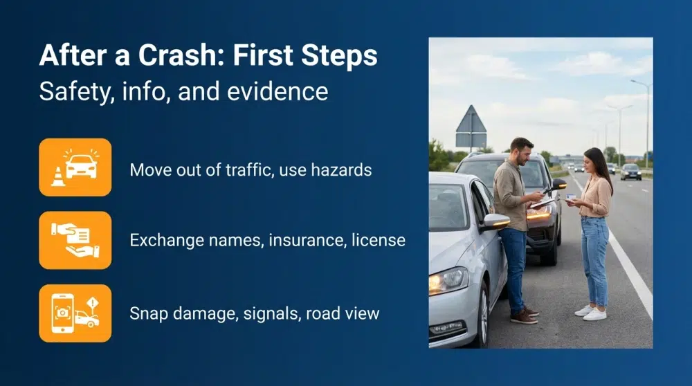 After a Crash: First Steps — Safety, info, and evidence