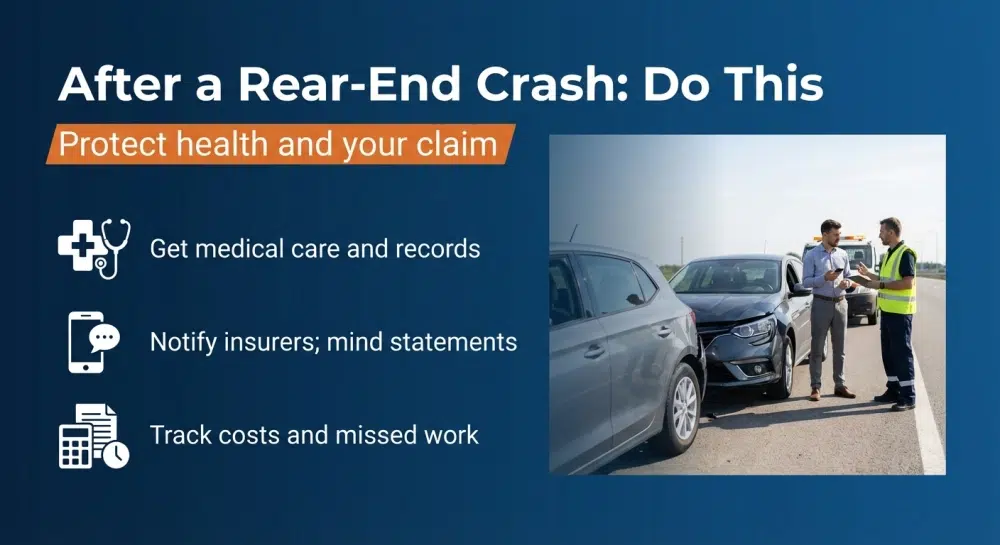 After a Rear-End Crash: Do This — Protect health and your claim; Get medical care and records; Notify insurers (mind statements); Track costs and missed work