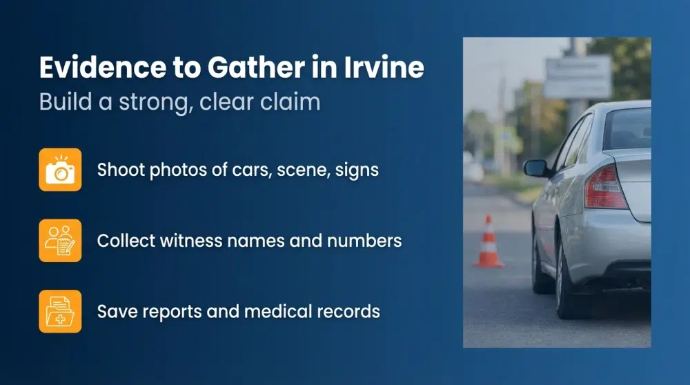 Evidence to Gather in Irvine - Shoot photos of cars, scene, signs; Collect witness names and numbers; Save reports and medical records