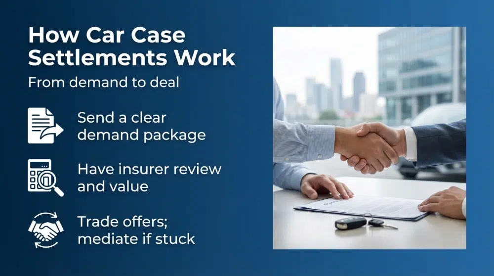 How Car Case Settlements Work infographic - From demand to deal
