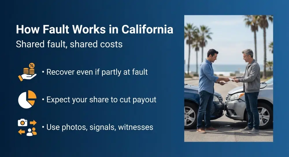 How Fault Works in California infographic — Shared fault, shared costs