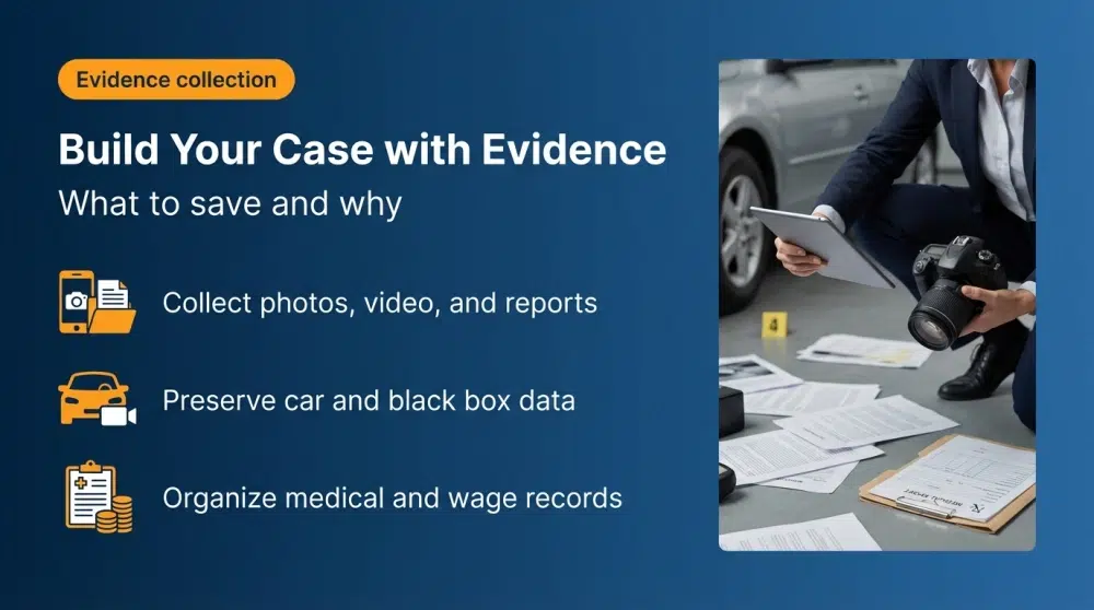 Infographic: Build Your Case with Evidence — What to save and why. Collect photos, video, and reports; preserve car and black box data; organize medical and wage records.