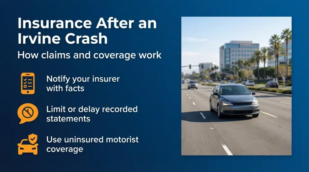 Insurance After an Irvine Crash - Notify your insurer with facts; Limit or delay recorded statements; Use uninsured motorist coverage