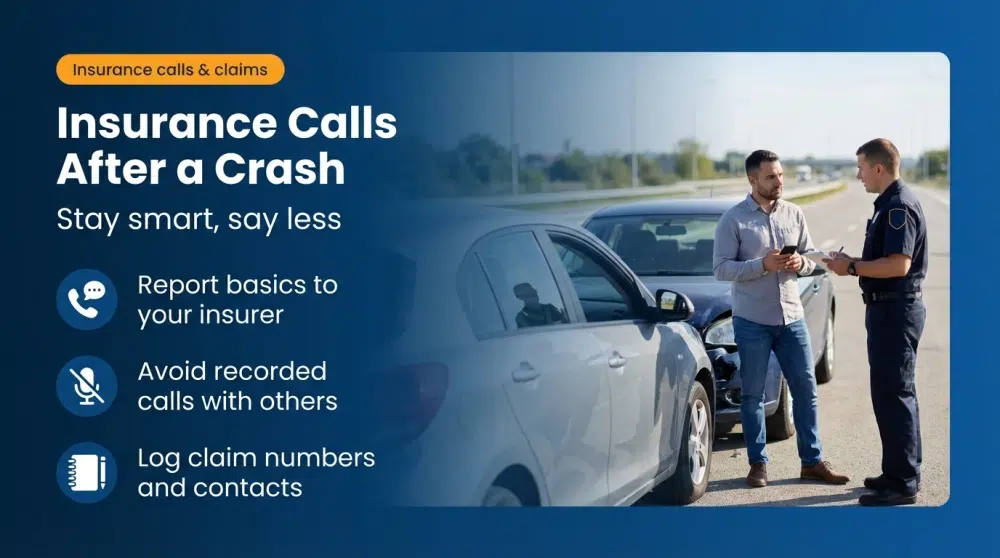 Insurance Calls After a Crash — Stay smart, say less: Report basics to your insurer; Avoid recorded calls with others; Log claim numbers and contacts