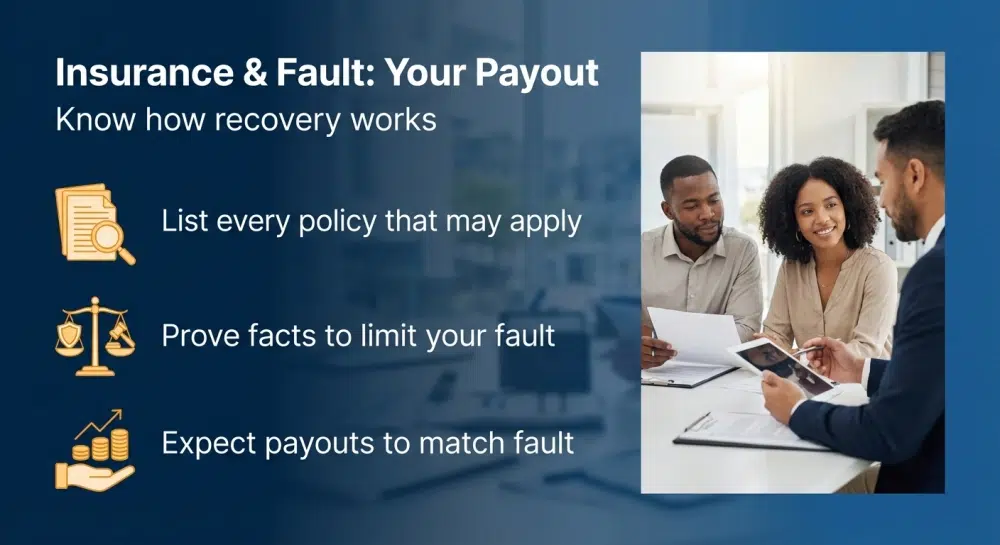 Insurance & Fault: Your Payout infographic - Know how recovery works; List every policy that may apply; Prove facts to limit your fault; Expect payouts to match fault