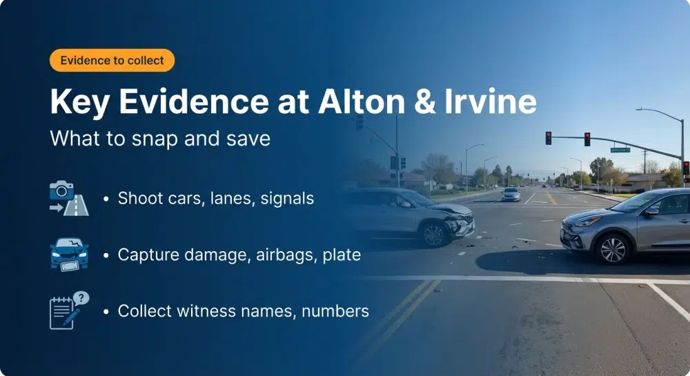 Key Evidence at Alton & Irvine — What to snap and save: Shoot cars, lanes, signals; Capture damage, airbags, plate; Collect witness names, numbers