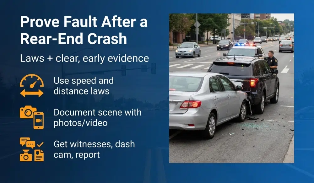 Prove Fault After a Rear-End Crash infographic: Laws + clear, early evidence