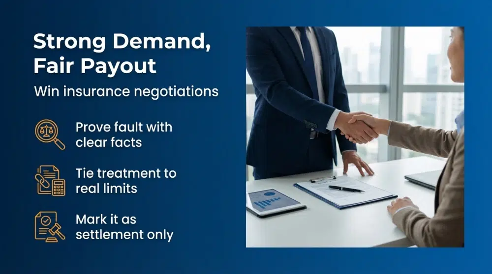 Strong Demand, Fair Payout — Prove fault with clear facts; tie treatment to real limits; mark as settlement only
