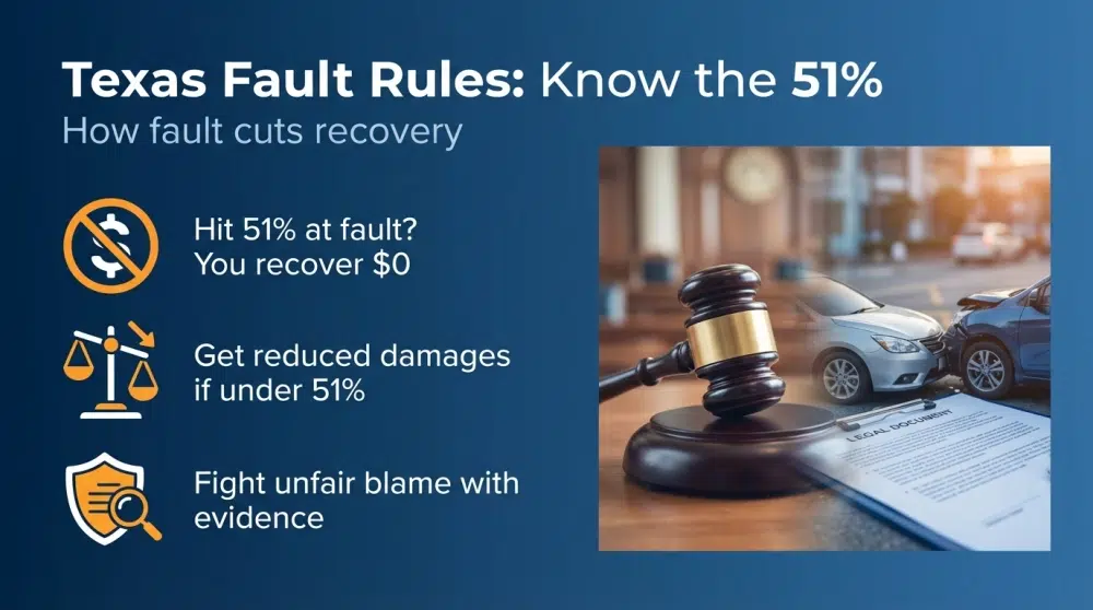 Texas Fault Rules infographic: 51% rule and how fault affects recovery