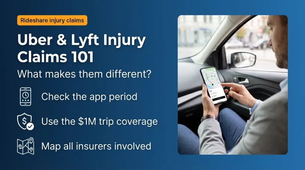 Uber & Lyft Injury Claims 101 infographic - What makes them different? Check the app period; Use the $1M trip coverage; Map all insurers involved