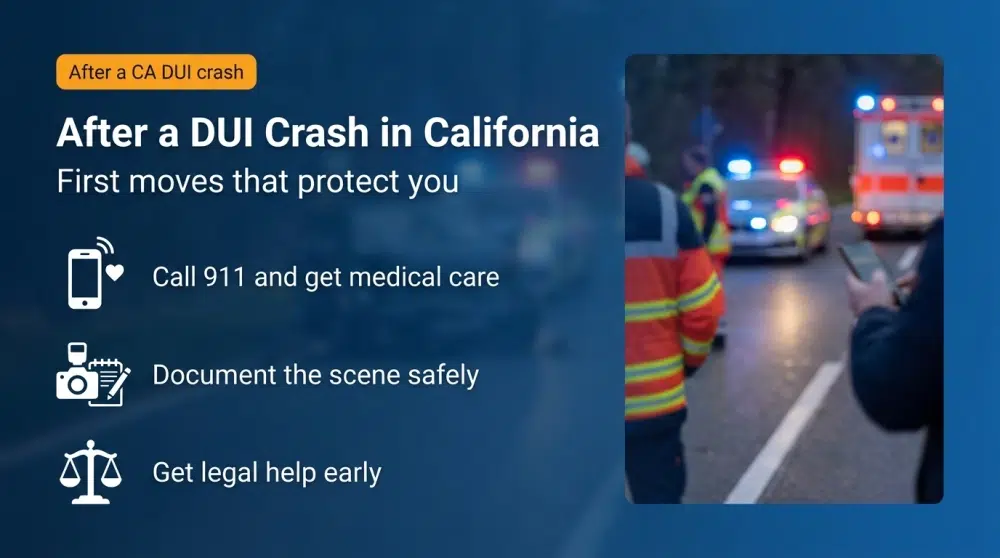 After a DUI Crash in California — First moves that protect you: Call 911 and get medical care; Document the scene safely; Get legal help early