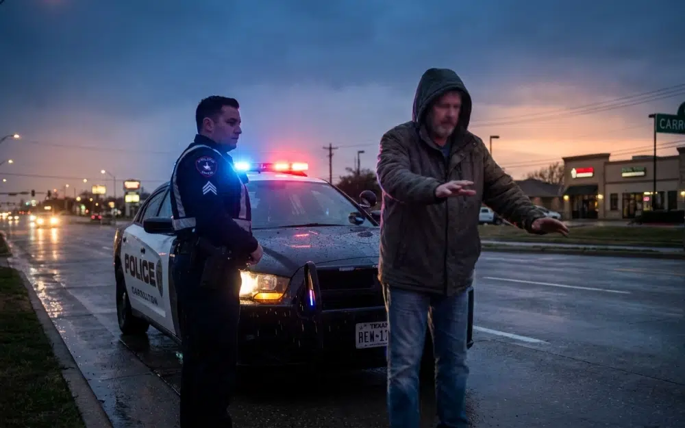 Police lights and a field sobriety test on a Carrollton roadway
