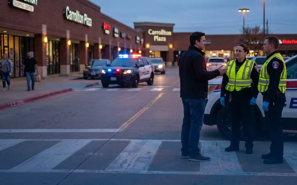 Marked crosswalk near a Carrollton shopping center at dusk