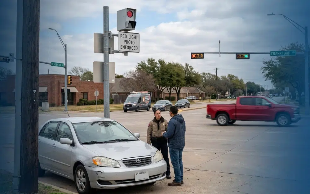Red light camera intersection with cross traffic in Carrollton
