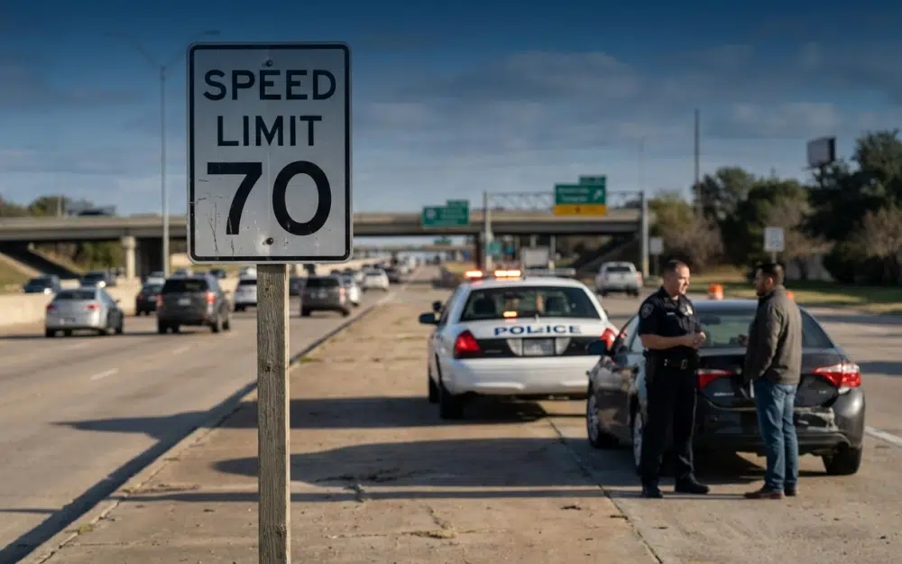 Speed limit sign along the President George Bush Turnpike