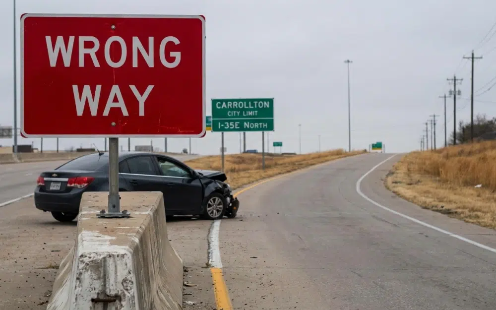 Wrong-way sign and divider at a DFW freeway ramp