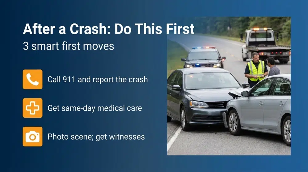 After a Crash: Do This First — Call 911 and report the crash; Get same-day medical care; Photo scene; get witnesses