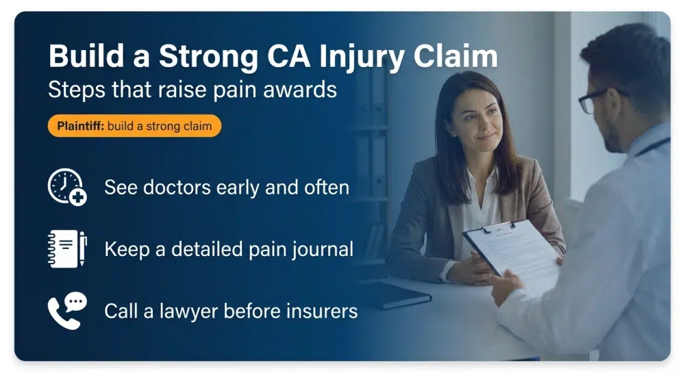 Build a Strong CA Injury Claim - See doctors early, keep a pain journal, call a lawyer