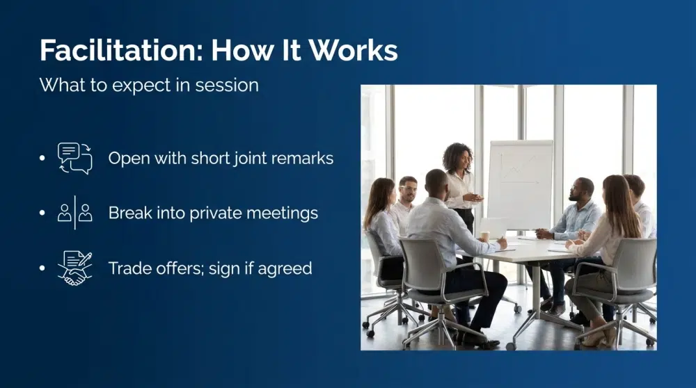 Facilitation: How It Works infographic — What to expect in session