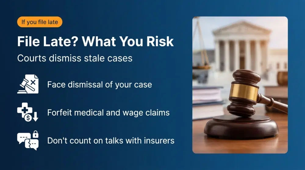 File Late? What You Risk — Courts dismiss stale cases. Face dismissal of your case; Forfeit medical and wage claims; Don't count on talks with insurers
