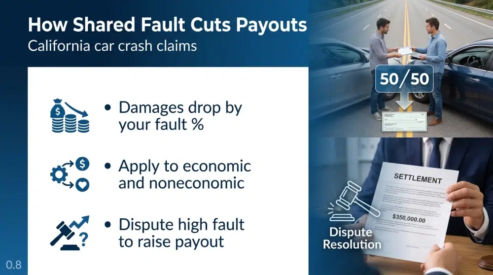 How Shared Fault Cuts Payouts — California car crash claims infographic: Damages drop by your fault %, Apply to economic and noneconomic, Dispute high fault to raise payout