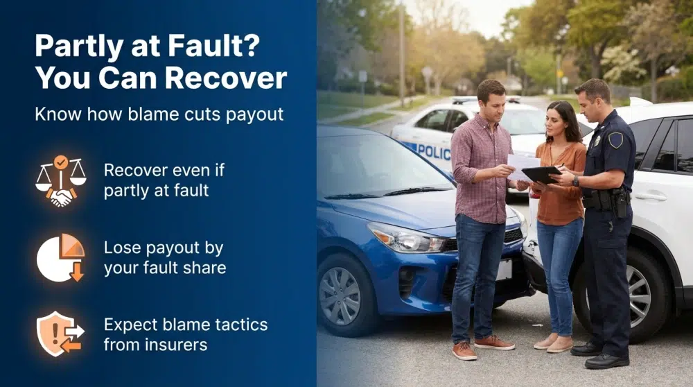 Partly at Fault? You Can Recover — Know how blame cuts payout. Recover even if partly at fault; Lose payout by your fault share; Expect blame tactics from insurers
