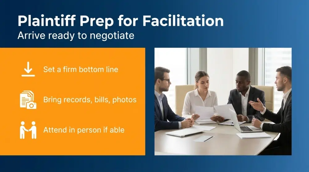 Plaintiff Prep for Facilitation infographic — Arrive ready to negotiate