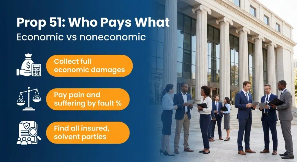 Prop 51: Who Pays What — Economic vs noneconomic infographic: Collect full economic damages, Pay pain and suffering by fault %, Find all insured, solvent parties