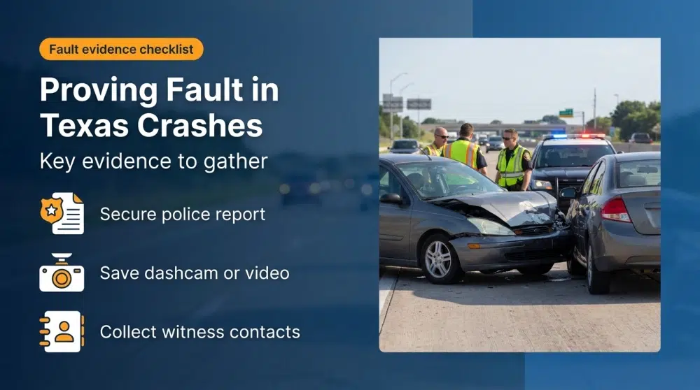 Proving Fault in Texas Crashes infographic: Secure police report; Save dashcam or video; Collect witness contacts
