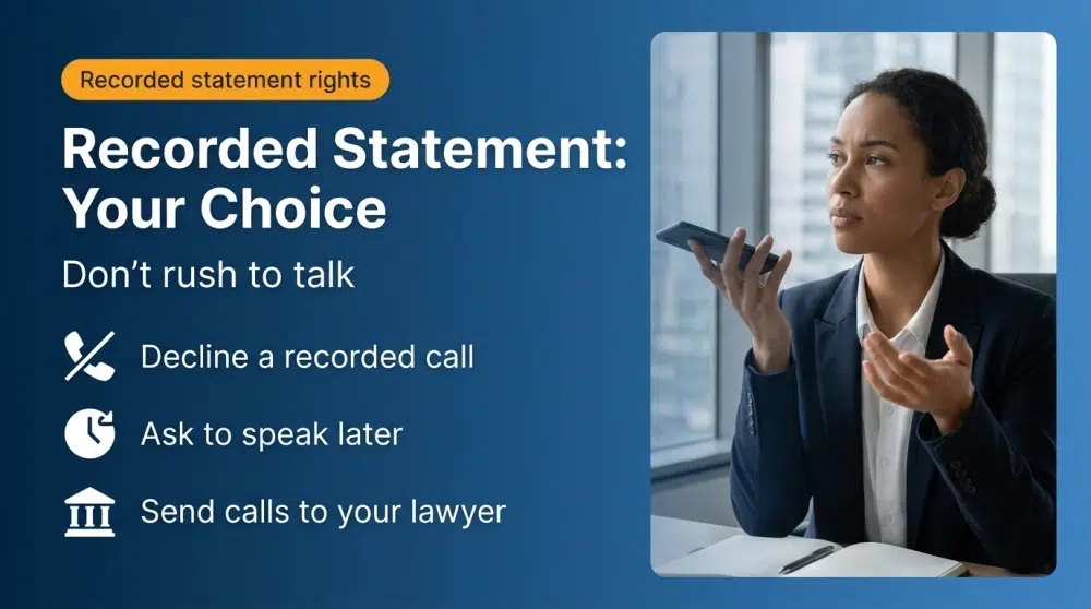 Recorded Statement: Your Choice — Decline a recorded call; Ask to speak later; Send calls to your lawyer
