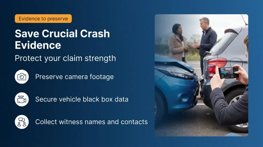 Save Crucial Crash Evidence - Preserve camera footage, secure vehicle black box data, collect witness names and contacts