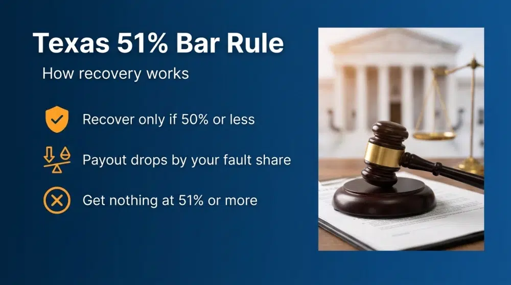 Texas 51% Bar Rule infographic: Recover only if 50% or less; Payout drops by your fault share; Get nothing at 51% or more