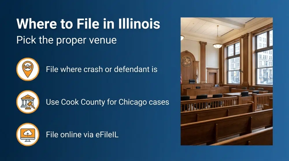 Where to File in Illinois - File where crash or defendant is; Use Cook County for Chicago cases; File online via eFileIL