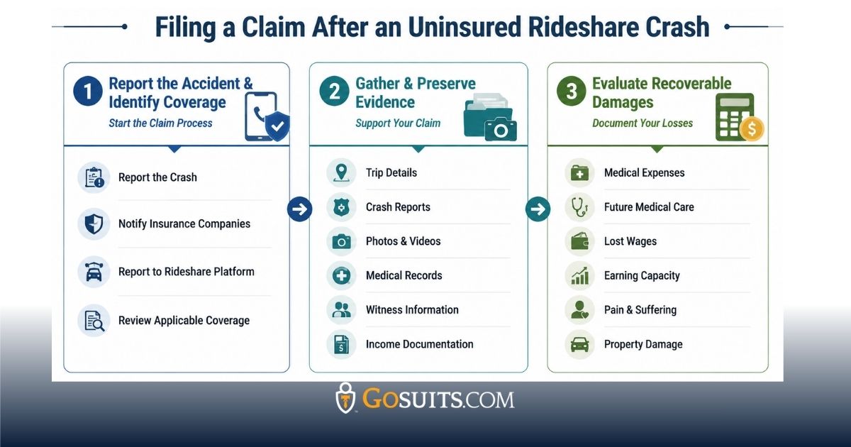 Infographic showing the steps for filing a claim after an uninsured rideshare crash, including reporting the accident and identifying coverage, gathering evidence, and evaluating recoverable damages.