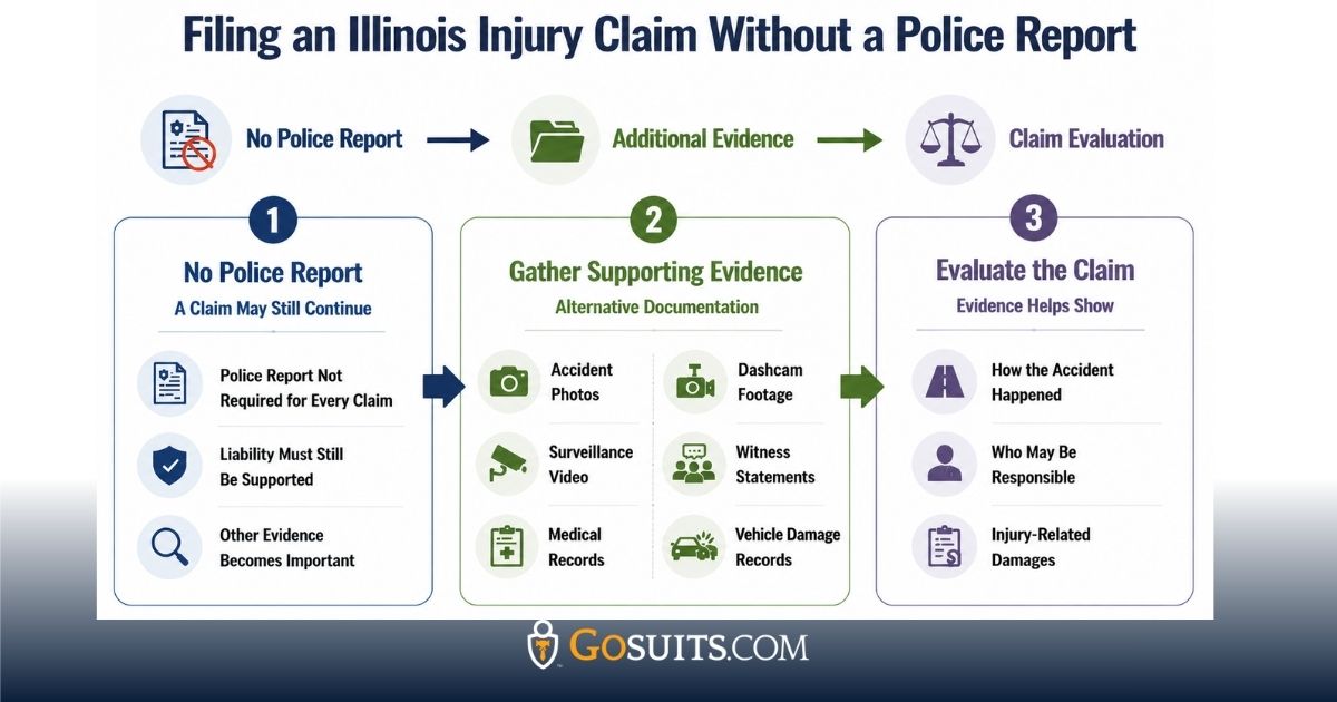 Infographic showing the process of filing an Illinois injury claim without a police report, including the use of additional evidence such as photos, videos, witness statements, medical records, and vehicle damage documentation to support claim evaluation.