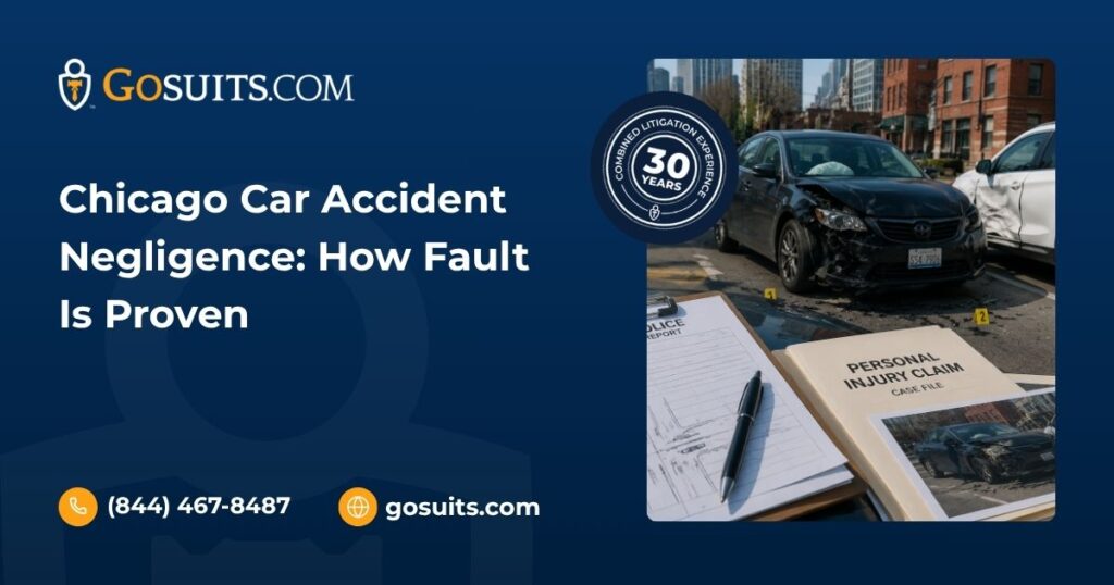 Illustration showing a Chicago car accident scene with vehicles, evidence markers, and legal documents representing how negligence and fault are evaluated in an injury claim.