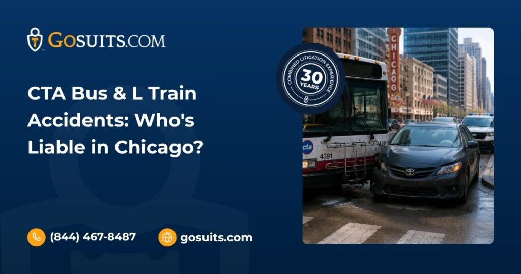 Illustration showing a CTA bus and L train accident in Chicago, with public transportation vehicles and legal liability concepts related to passenger injury claims.