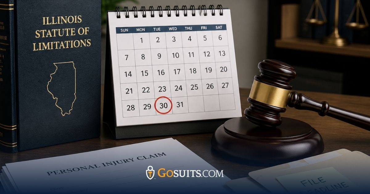 Legal documents, a calendar, and a courthouse representing the Illinois personal injury statute of limitations and the importance of filing deadlines.