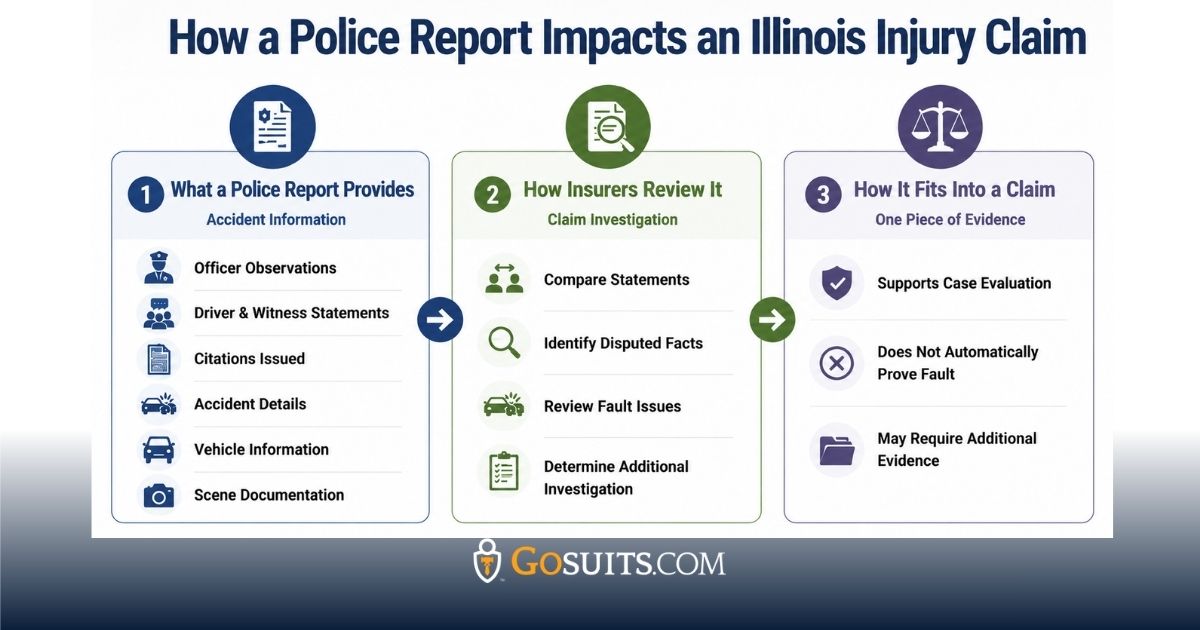 Infographic showing how a police report impacts an Illinois injury claim, with a three-step evidence flow covering information provided in a police report, insurance review, and how the report supports claim evaluation.