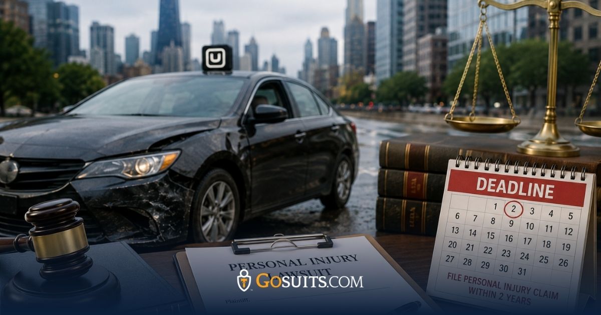 Illustration showing an Illinois rideshare accident lawsuit timeline with a rideshare vehicle, legal documents, and a deadline reminder for filing a personal injury claim.