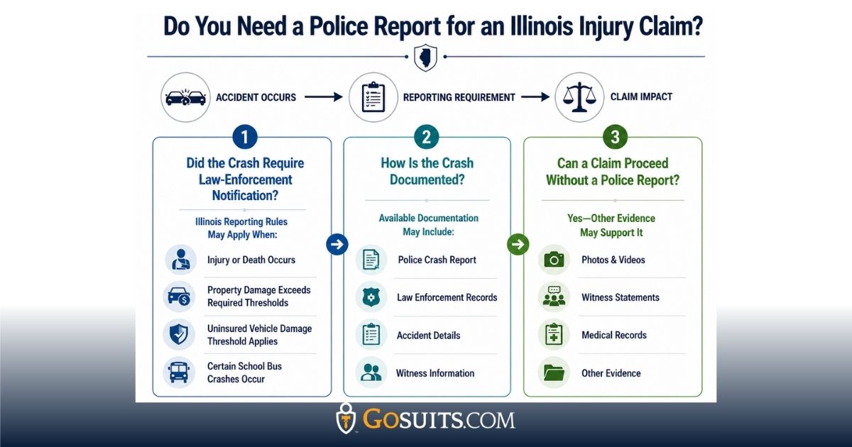 Infographic showing whether a police report is needed for an Illinois injury claim, with a three-step flow covering accident reporting requirements, crash documentation, and how other evidence may support a claim.