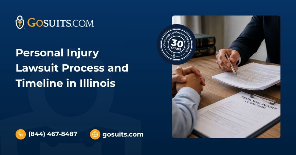 : Legal consultation showing a personal injury attorney reviewing case documents and discussing the lawsuit process and timeline in Illinois.
