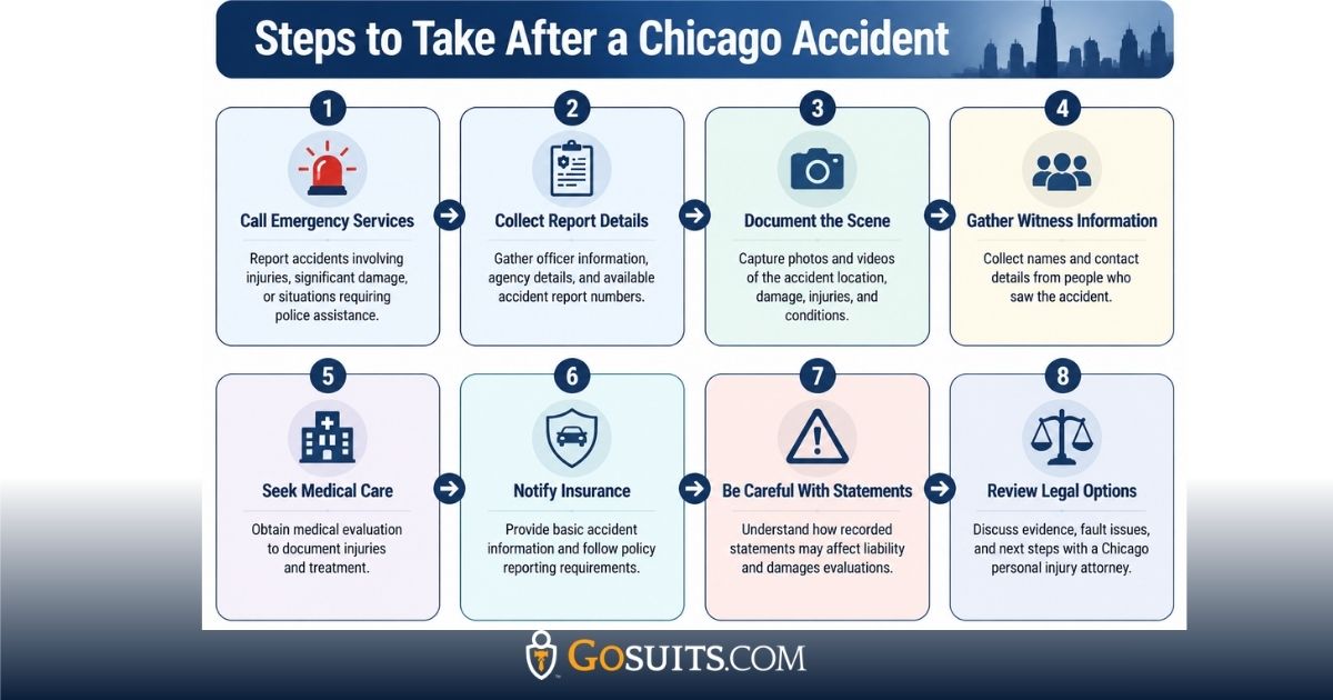 Infographic showing eight steps to take after a Chicago accident, including calling emergency services, collecting report details, documenting the scene, gathering witness information, seeking medical care, notifying insurance, being cautious with statements, and reviewing legal options.