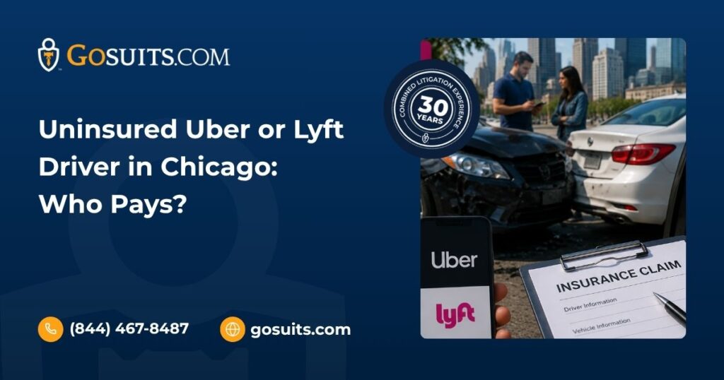 Illustration showing an uninsured Uber or Lyft driver accident scenario in Chicago, with a rideshare vehicle, insurance documents, and questions about payment responsibility after a crash.