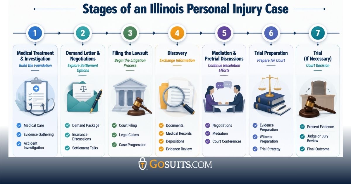 Timeline infographic showing the seven stages of an Illinois personal injury case, including medical treatment and investigation, settlement negotiations, lawsuit filing, discovery, mediation, trial preparation, and trial.