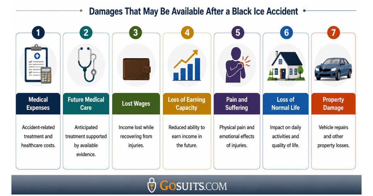 Infographic showing potential damages available after a black ice accident, including medical expenses, future medical care, lost wages, loss of earning capacity, pain and suffering, loss of normal life, and property damage.